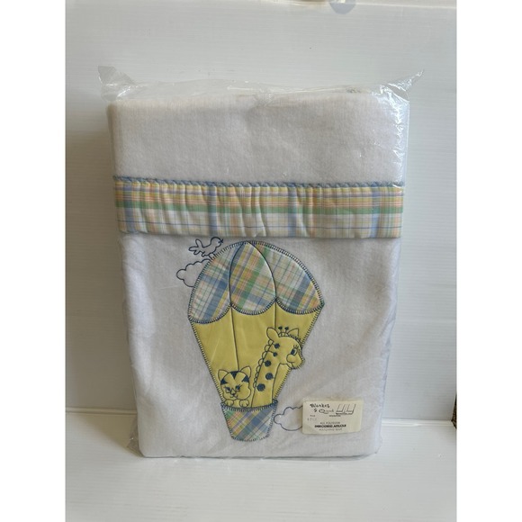 Blanket by Quiltex Hot Air Balloon Plaid Giraffe Cat Applique Baby White Vtg NEW - Picture 6 of 6